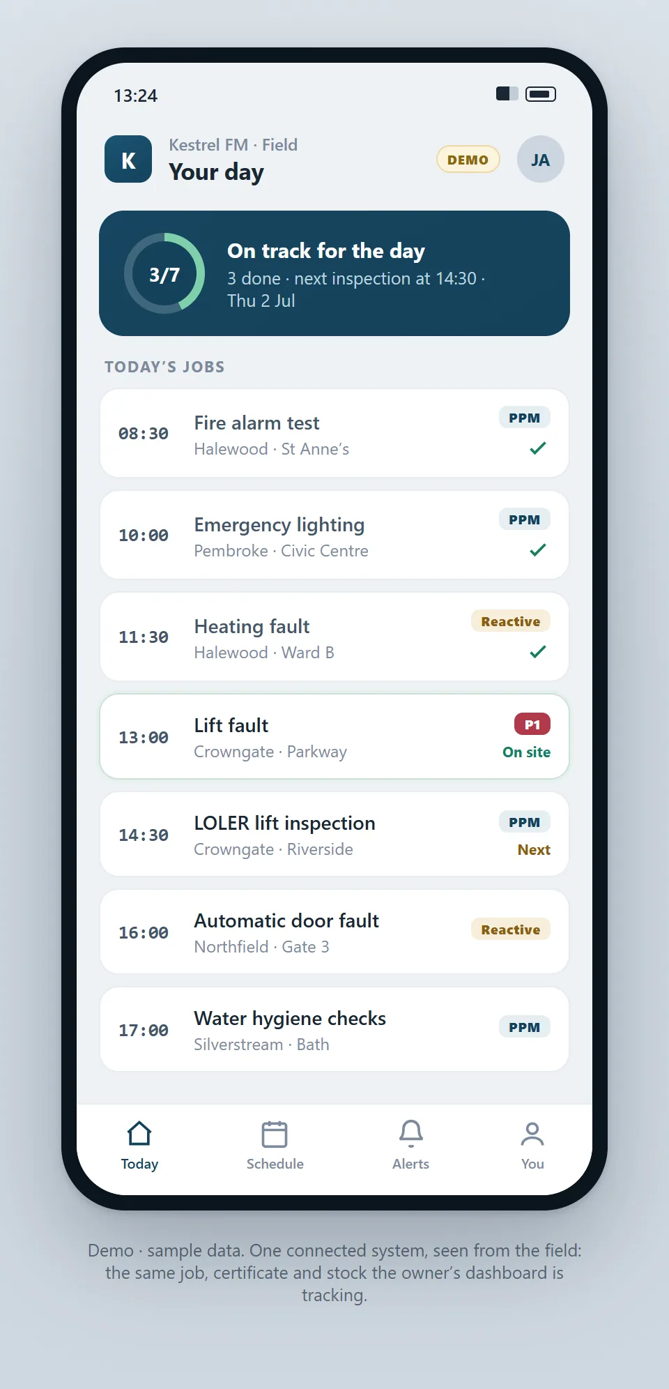A field engineer's phone: the day's jobs, with photos, parts and certificates captured on site.