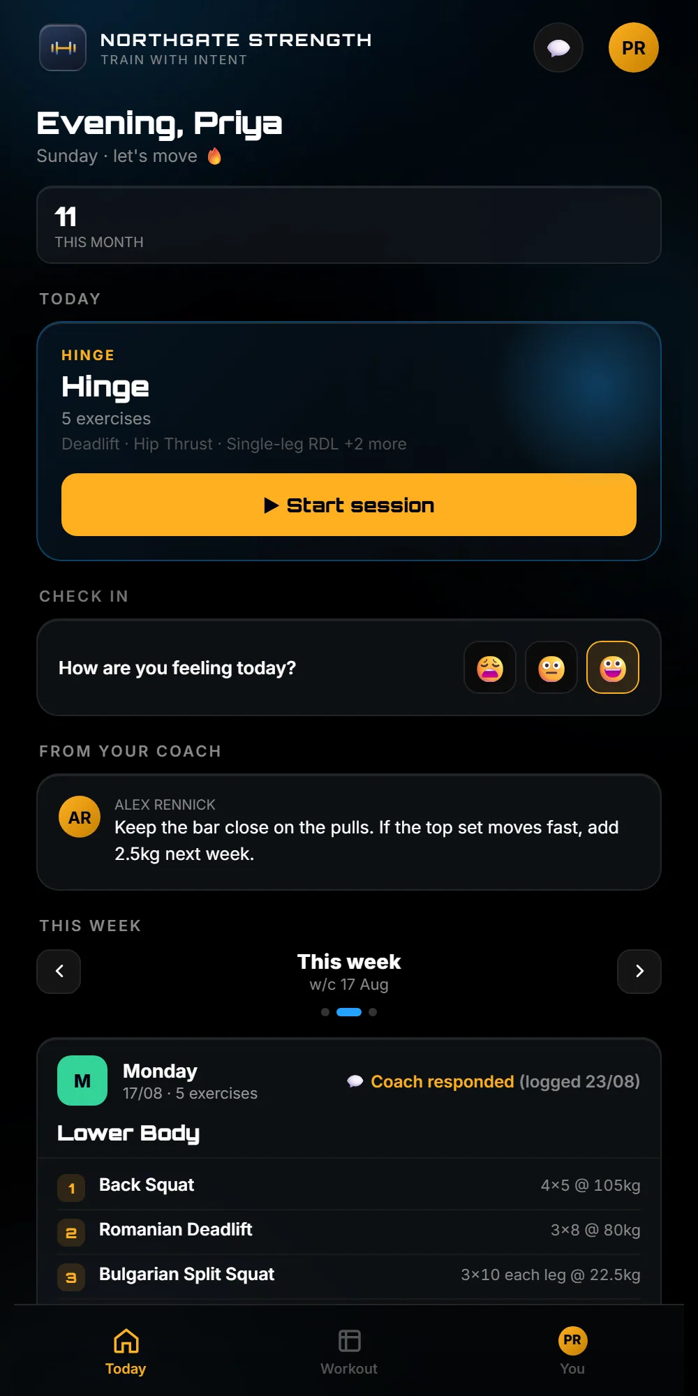 A client's phone showing their coaching app in the studio's own brand: today's session ready to start, a mood check-in, and a note from their coach.